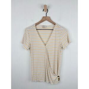 LOFT Stripe Faux Wrap Top Cream Small Button Hem Spring Shirt